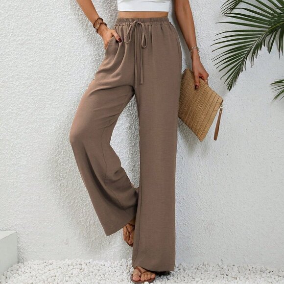 Pants - Coffee Brown Casual Women's Summer Drawstring Elastic Waist Wide Leg Pants